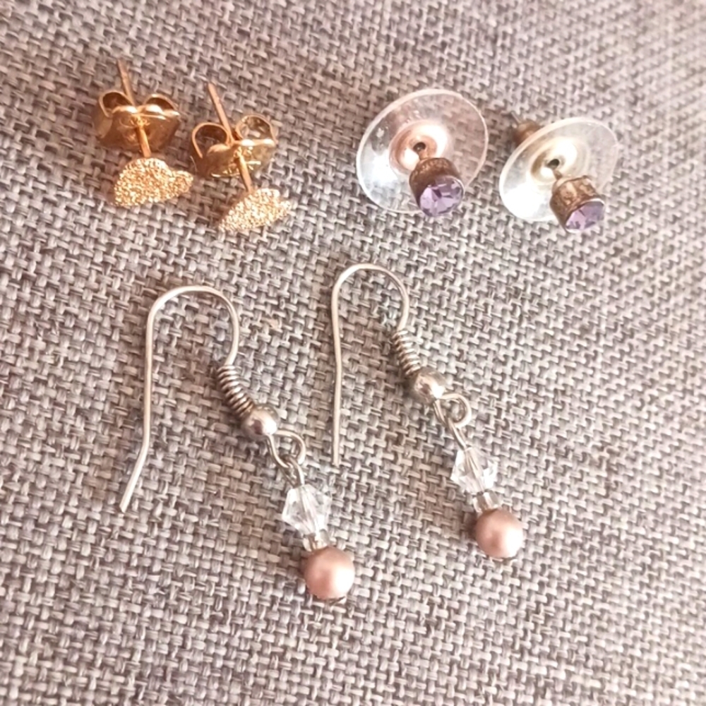 3 Pairs of Dainty Earrings Hearts Purple Studs and Faux Pearl Drops - Pre-loved